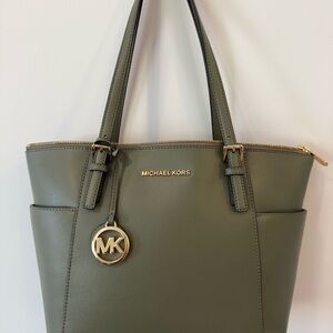 Michael Kors Olive Green Jet Set Travel Tote Gold Hardware Large Leather